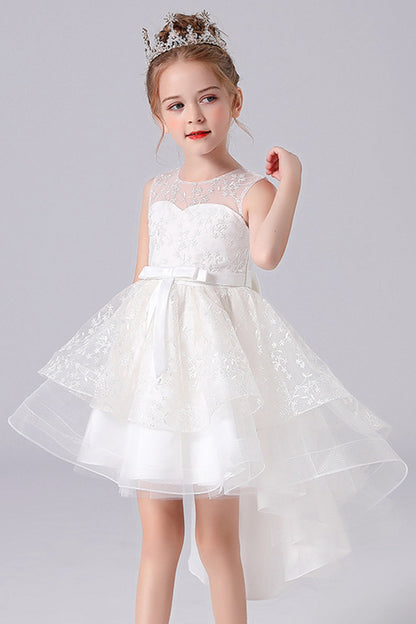 White High-low Flower Girl Dress with Bow