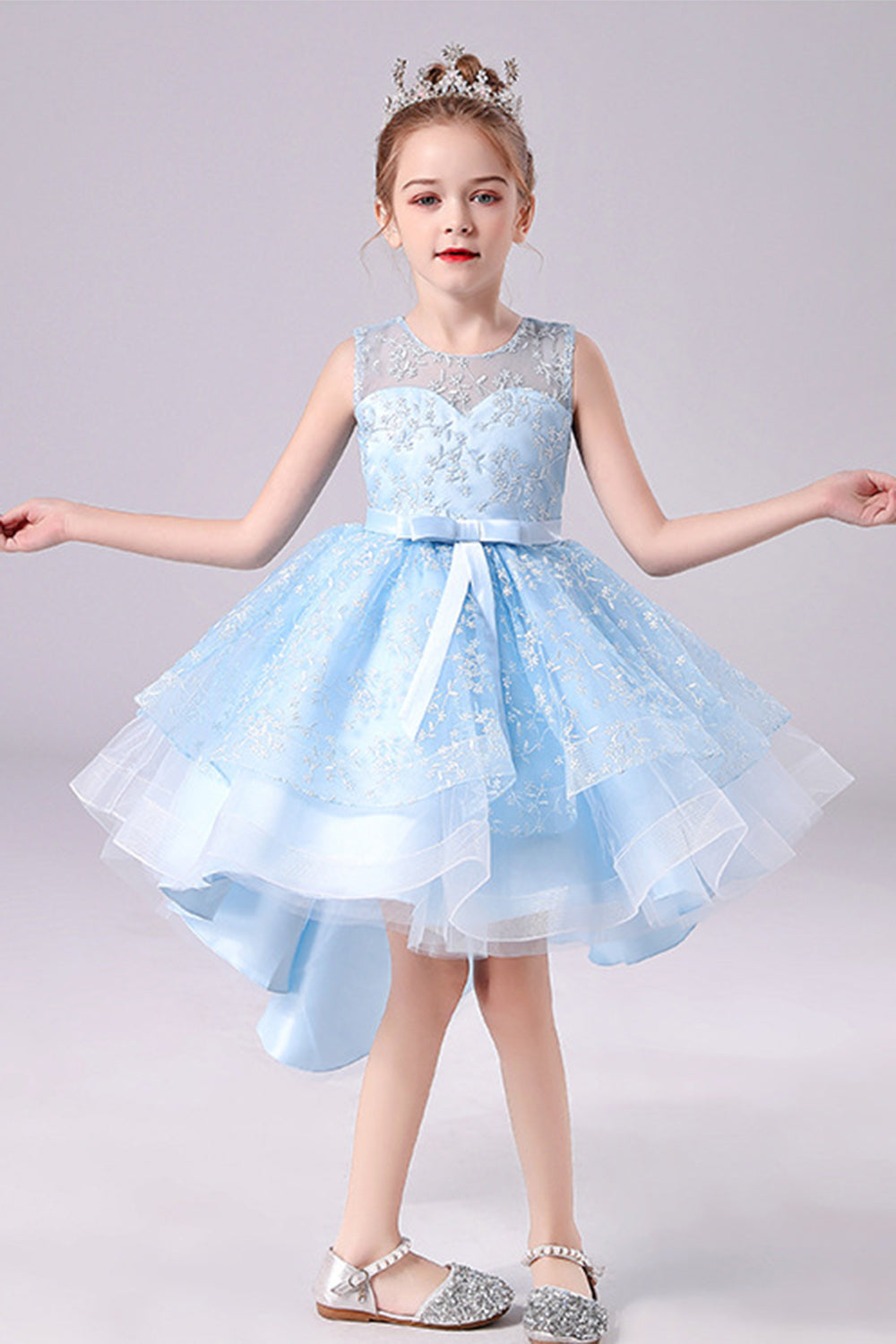 White High-low Flower Girl Dress with Bow