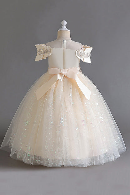 Pink Off the Shoulder A Line Flower Girl Dress with Bow