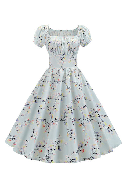 Puff Sleeves Printed Light Blue Vintage Dress