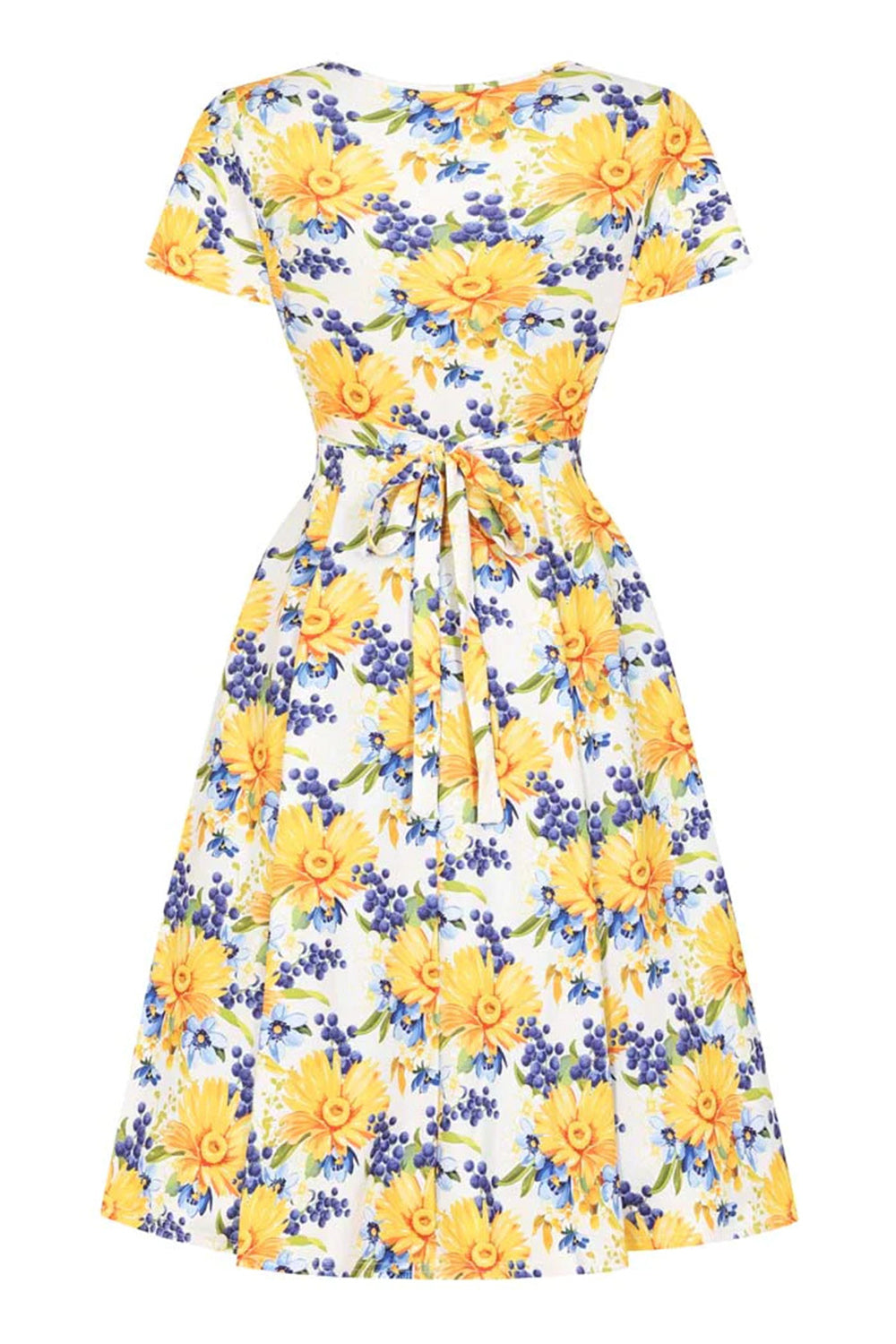 V-Neck Printed Yellow Vintage Dress with Short Sleeves