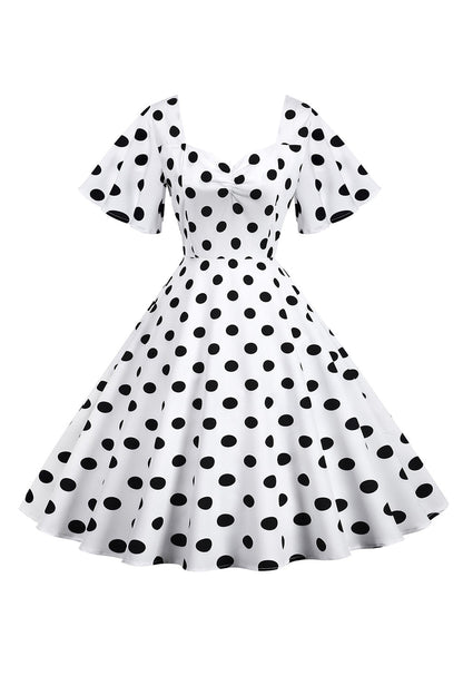 Polka Dots White Vintage Dress with Short Sleeves