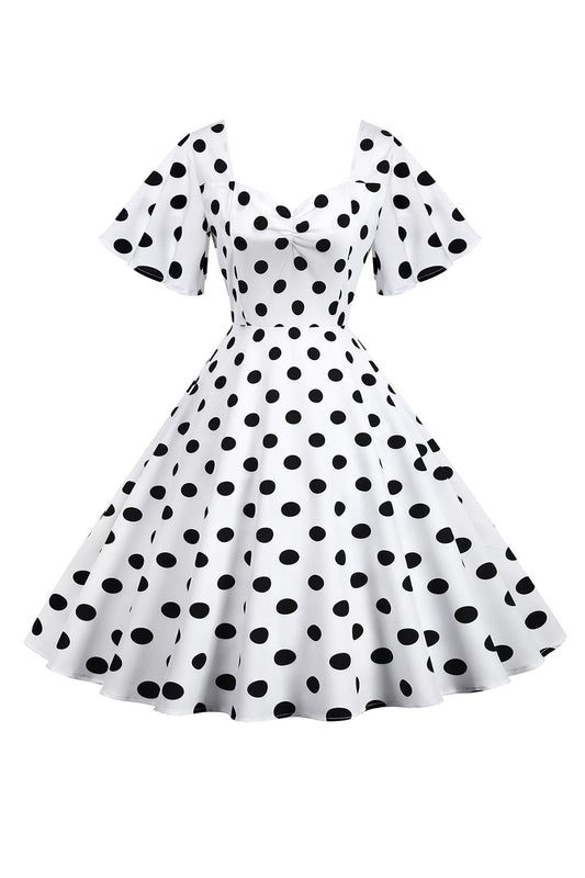 Polka Dots White Vintage Dress with Short Sleeves