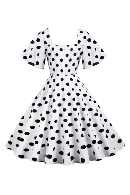 Polka Dots White Vintage Dress with Short Sleeves