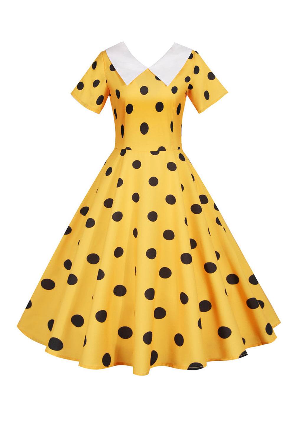 Polka Dots Yellow Vintage Dress with Short Sleeves