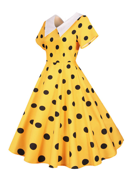 Polka Dots Yellow Vintage Dress with Short Sleeves