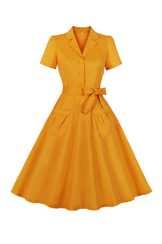 Yellow Swing V Neck Vintage Dress With Short Sleeves