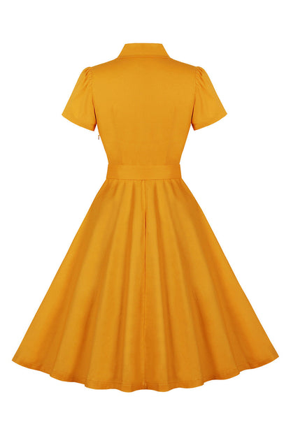 Yellow Swing V Neck Vintage Dress With Short Sleeves