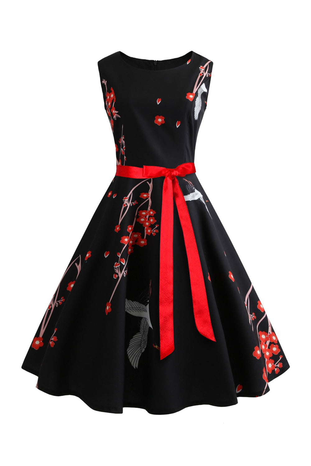 Black Sleeveless Printed Swing Vintage Dress