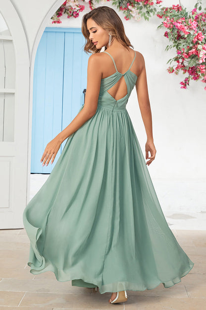 Chiffon Spaghetti Straps Eucalyptus Bridesmaid Dress