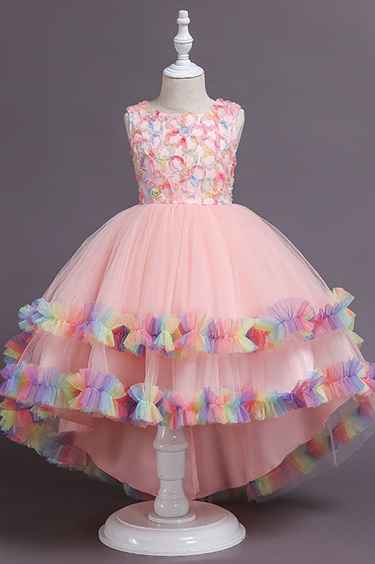 Pink High Low Boat Neck Flower Girl Dress