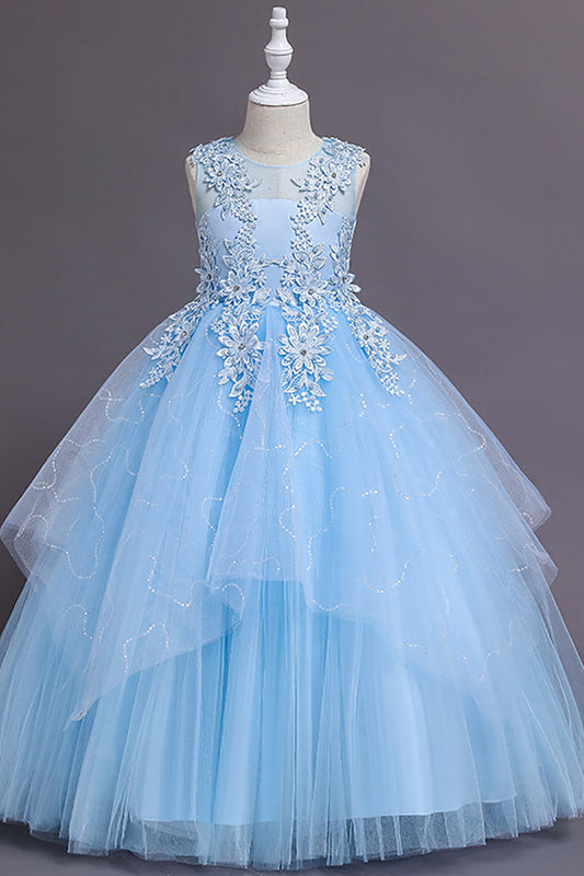 Tulle Light Blue Flower Girl Dress with Appliques