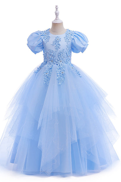 Tulle Puff Sleeves Light Blue Flower Girl Dress with Appliques