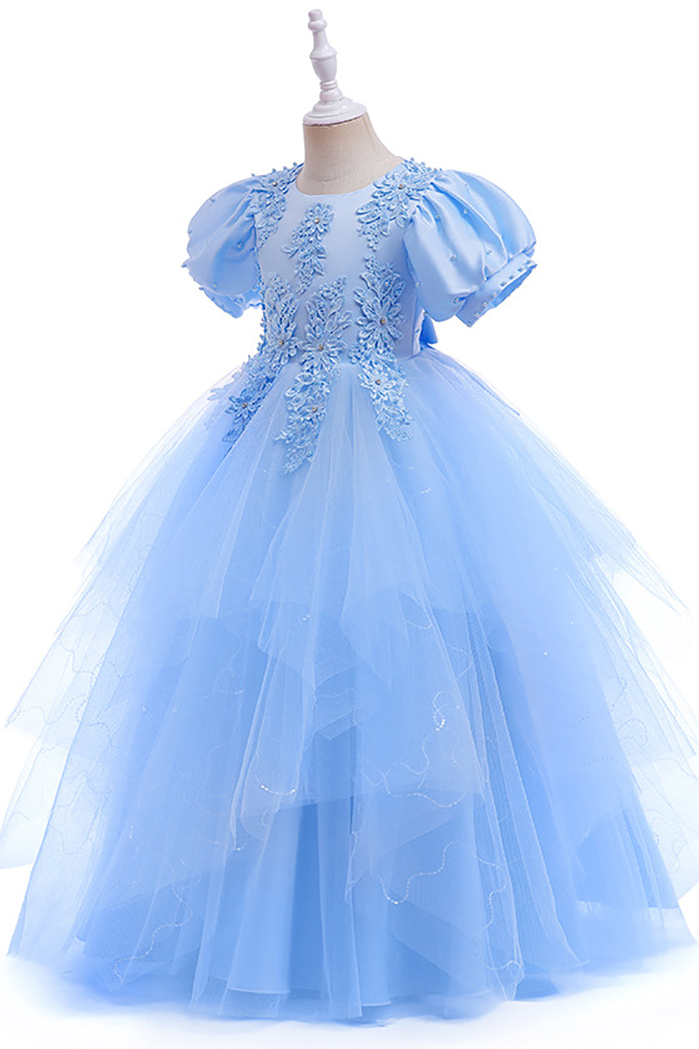 Tulle Puff Sleeves Light Blue Flower Girl Dress with Appliques