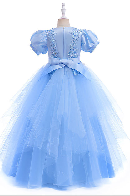 Tulle Puff Sleeves Light Blue Flower Girl Dress with Appliques