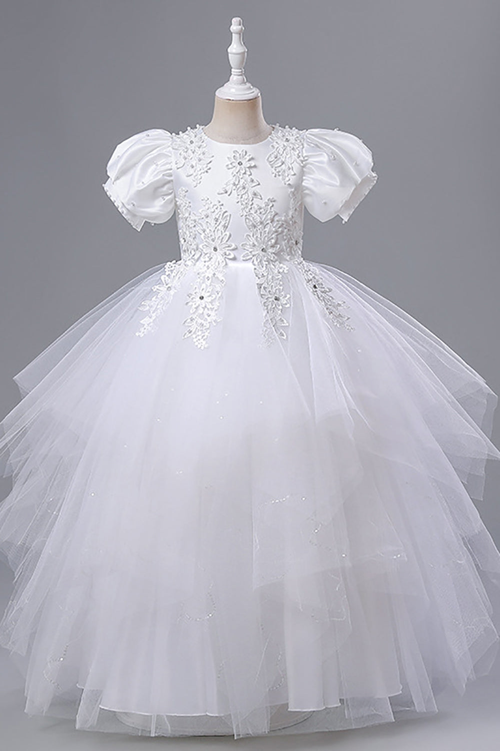 Tulle Puff Sleeves Light Blue Flower Girl Dress with Appliques