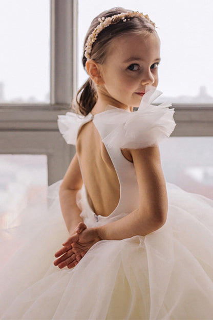 A-Line Tulle Open Back Light Yellow Flower Girl Dress