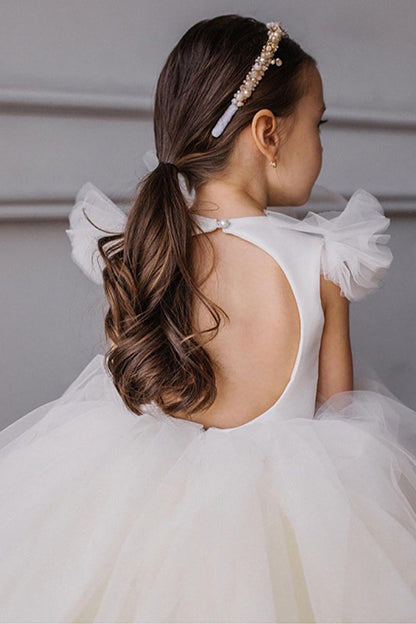 A-Line Tulle Open Back Light Yellow Flower Girl Dress