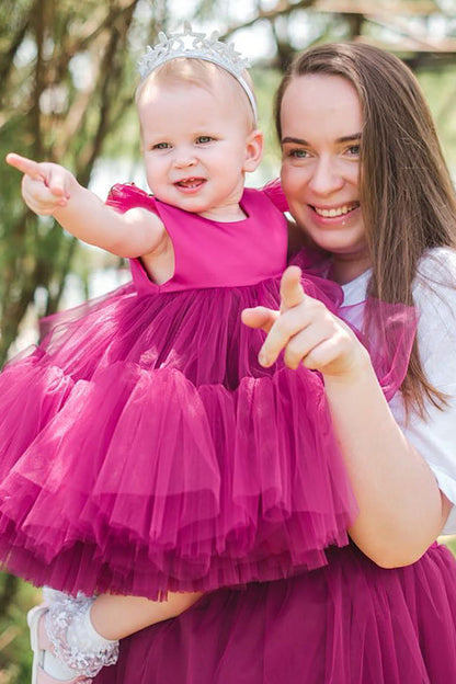 Tulle Cap Sleeves Fuchsia Flower Girl Dress