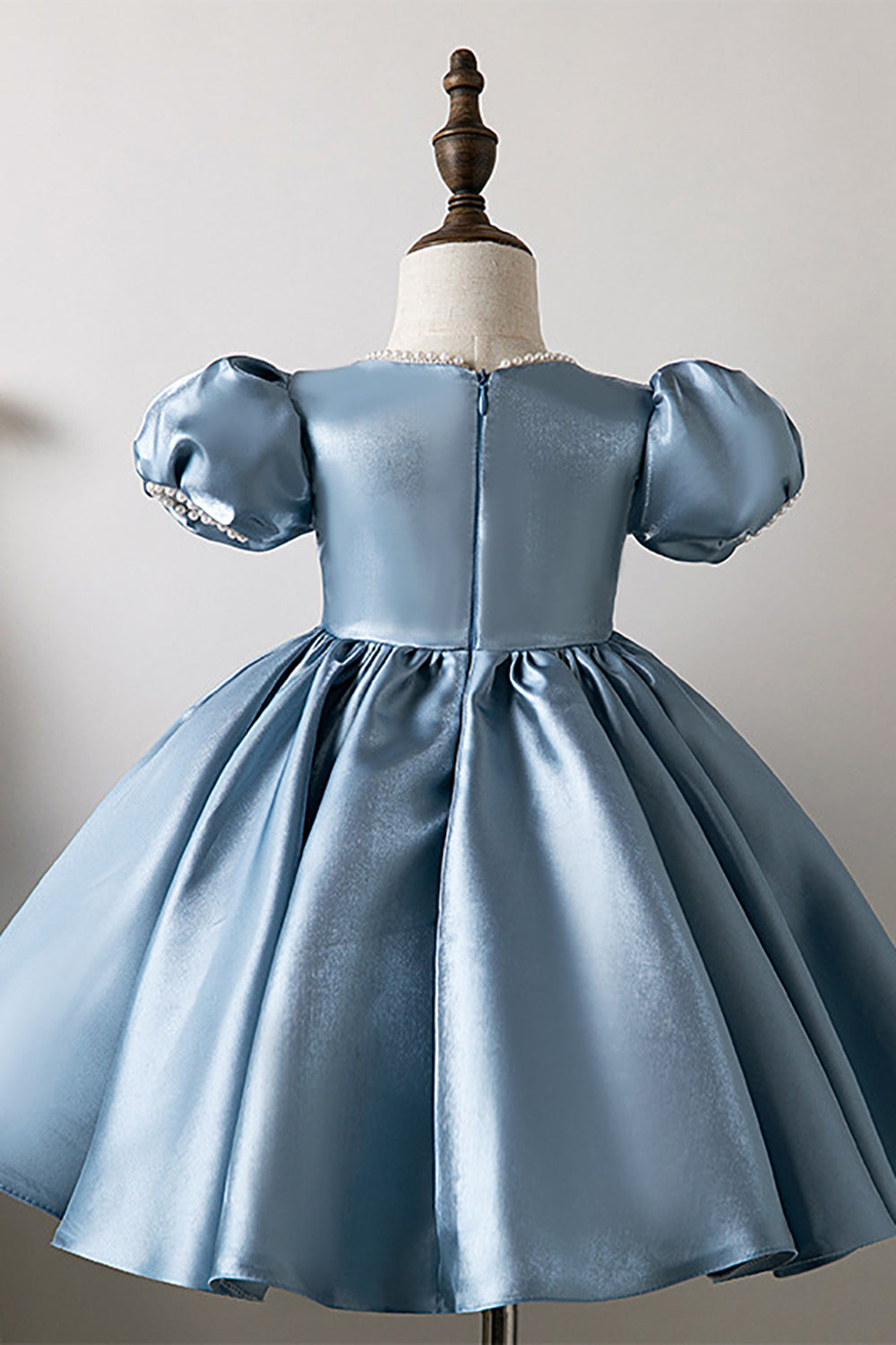 Puff Sleeves Blue Flower Girl Dress with Appliques