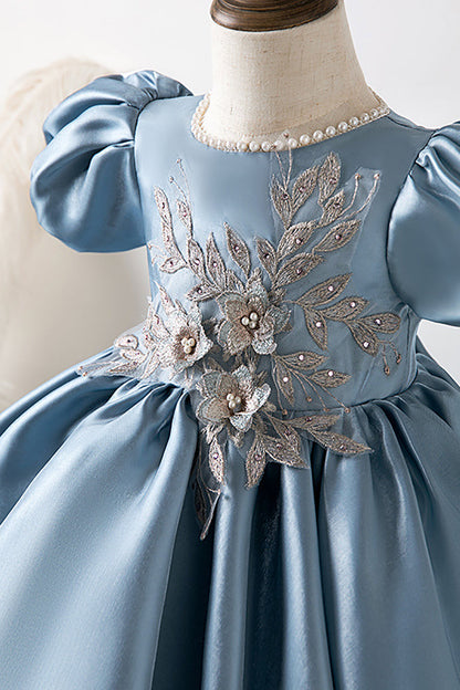 Puff Sleeves Blue Flower Girl Dress with Appliques