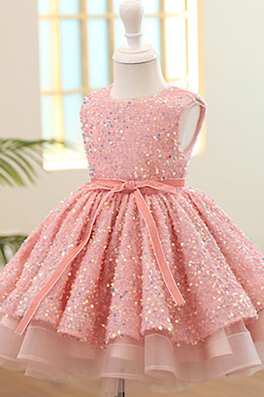 Sparkly Boat Neck Pink Flower Girl Dress