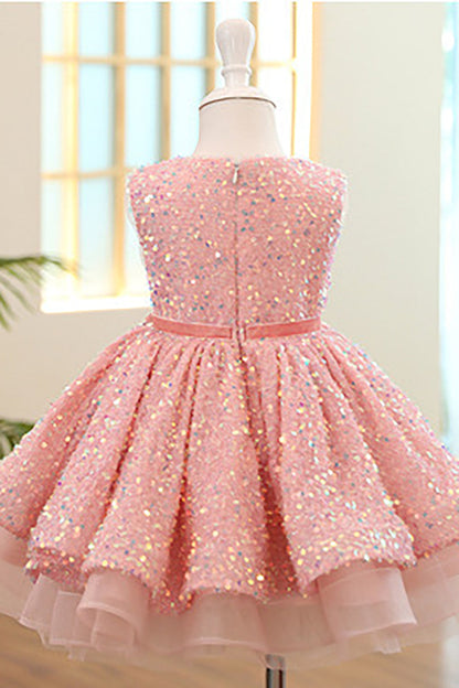 Sparkly Boat Neck Pink Flower Girl Dress