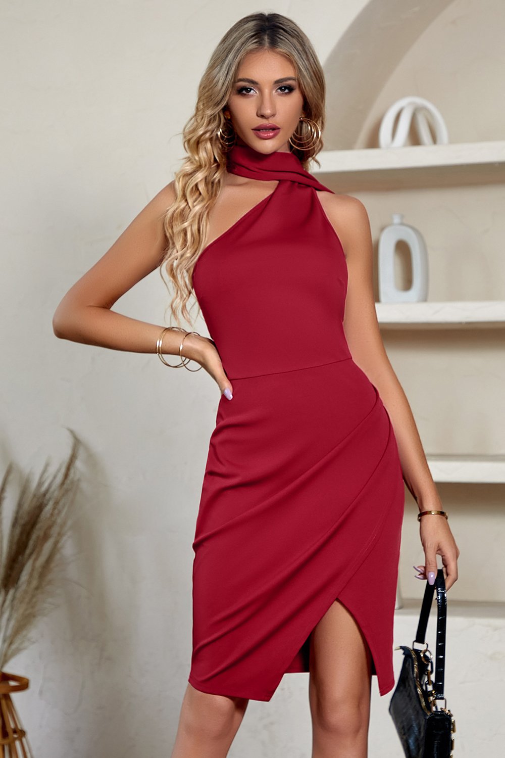 Blush Halter Ruched Cocktail Dress