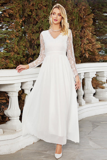 White A-Line V-Neck Chiffon Wedding Dress With Long Sleeves