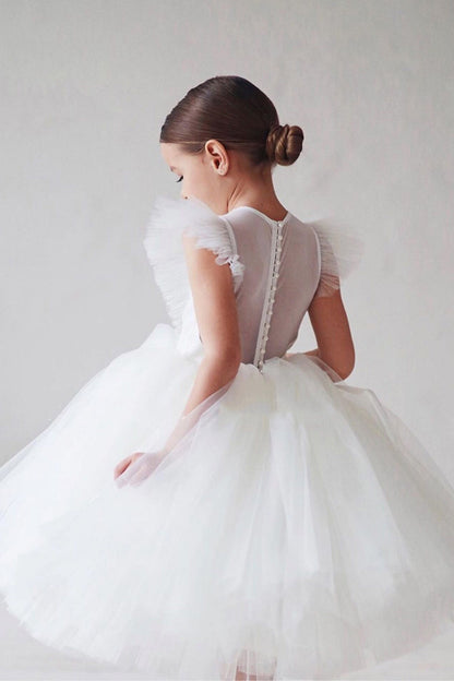 White A Line Round Neck Sleeveless Tulle Flower Girl Dress