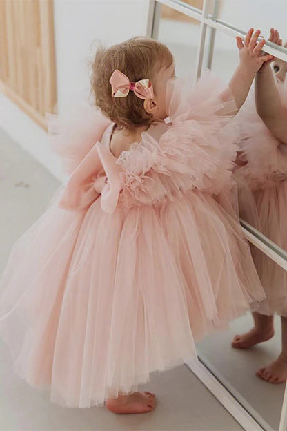 Blush Pink A Line Tulle Girl Dress With Cap Sleeves