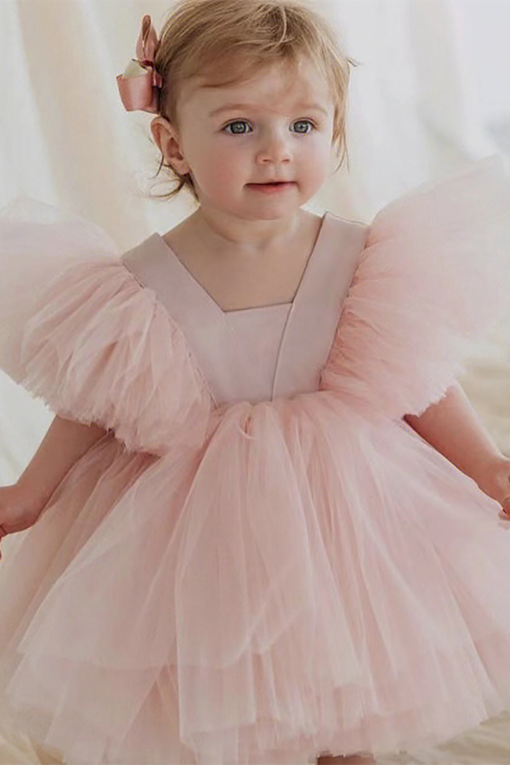 Blush Pink A Line Tulle Girl Dress With Cap Sleeves