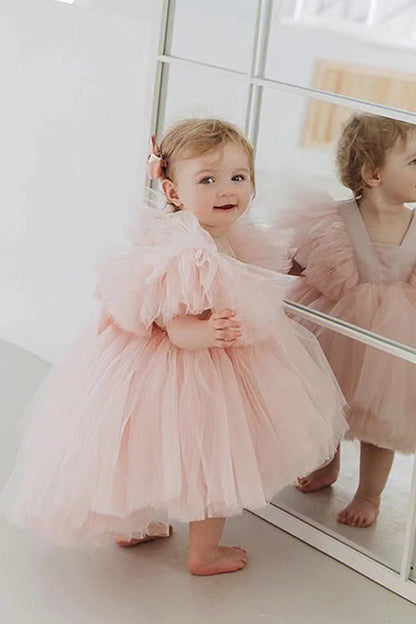 Blush Pink A Line Tulle Girl Dress With Cap Sleeves