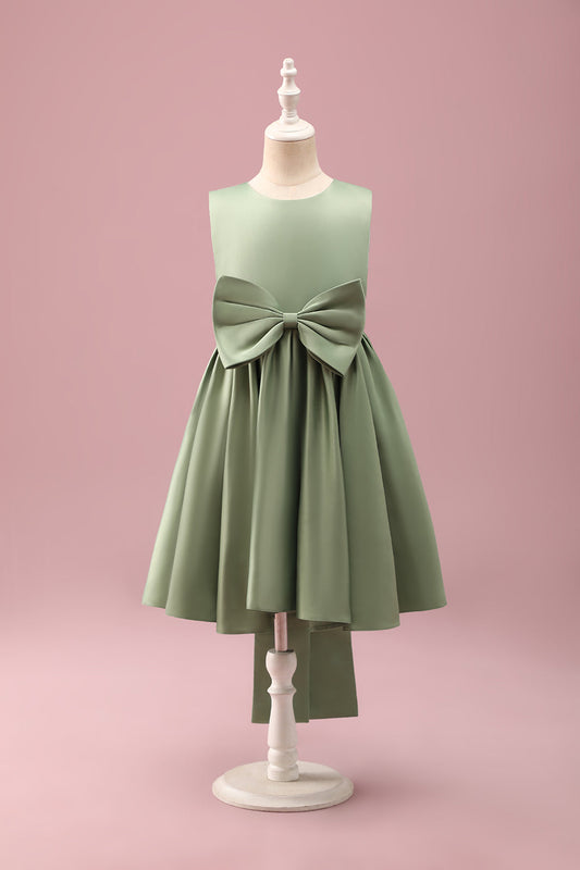 Grey Green A-Line Round Neck Satin Flower Girl Dress with Bow