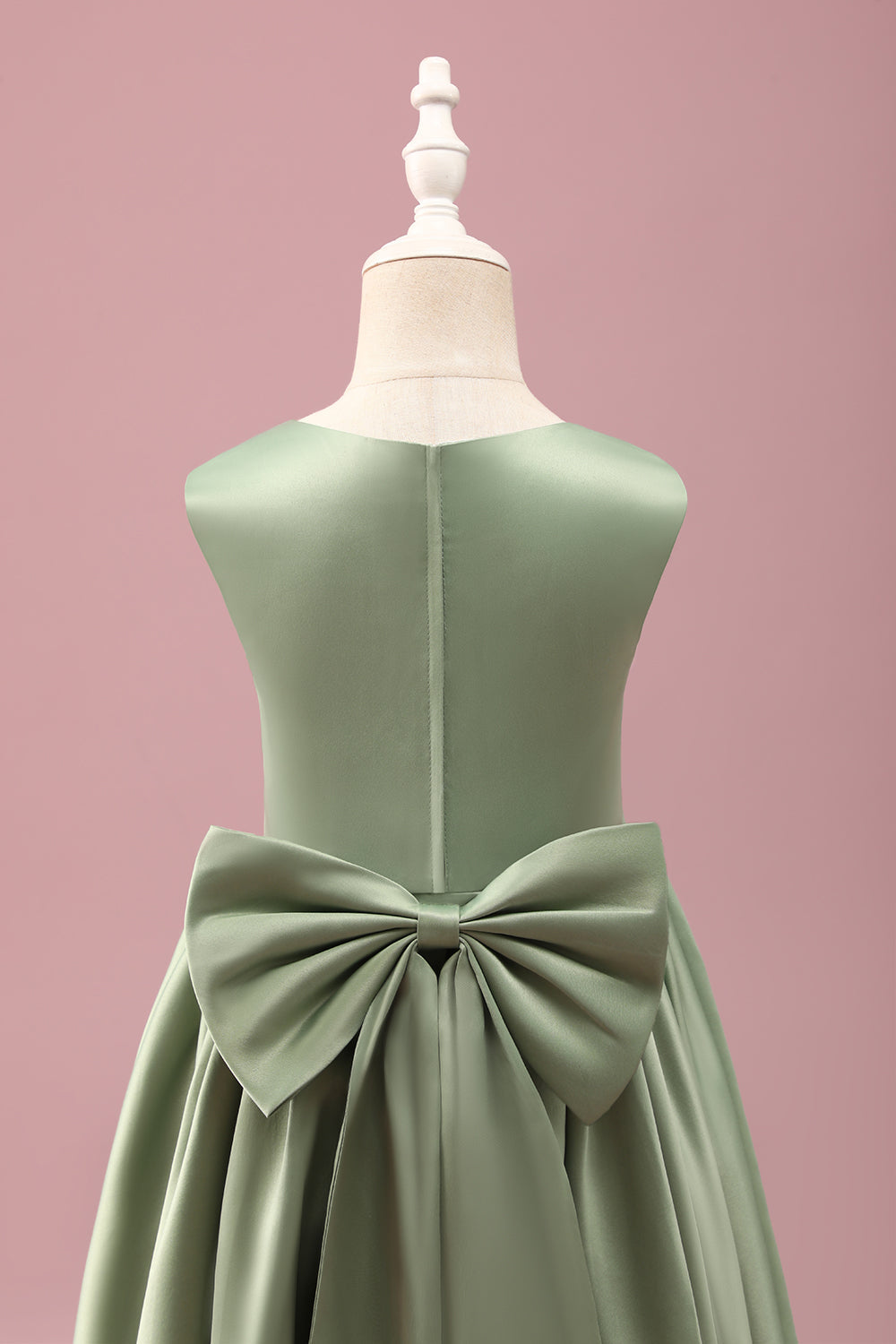 Grey Green A-Line Round Neck Satin Flower Girl Dress with Bow