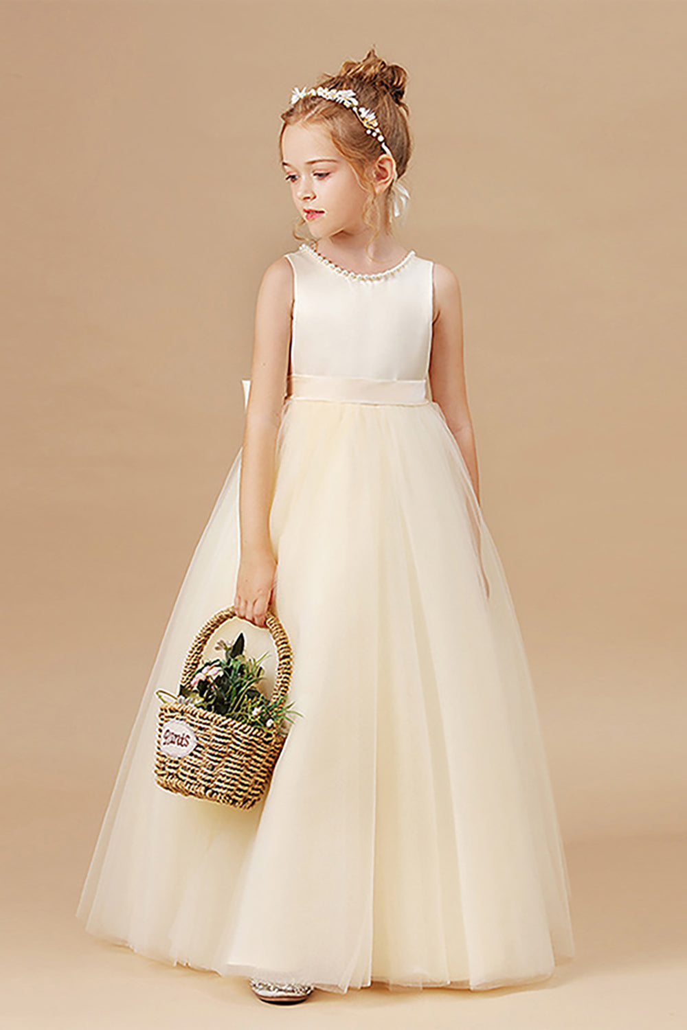 White A Line Sleeveless Bowknot Flower Girl Dress With Pearls