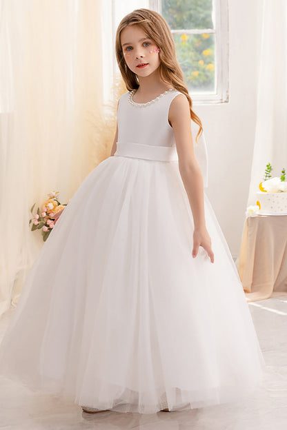 White A Line Sleeveless Bowknot Flower Girl Dress With Pearls