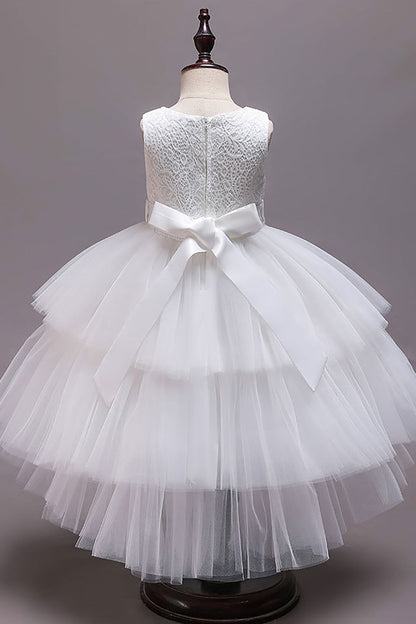 White A-Line Tiered Flower Girl Dress with Lace