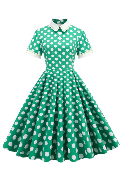 Green White Dot Vintage Dress with Short Sleeves