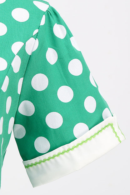 Green White Dot Vintage Dress with Short Sleeves