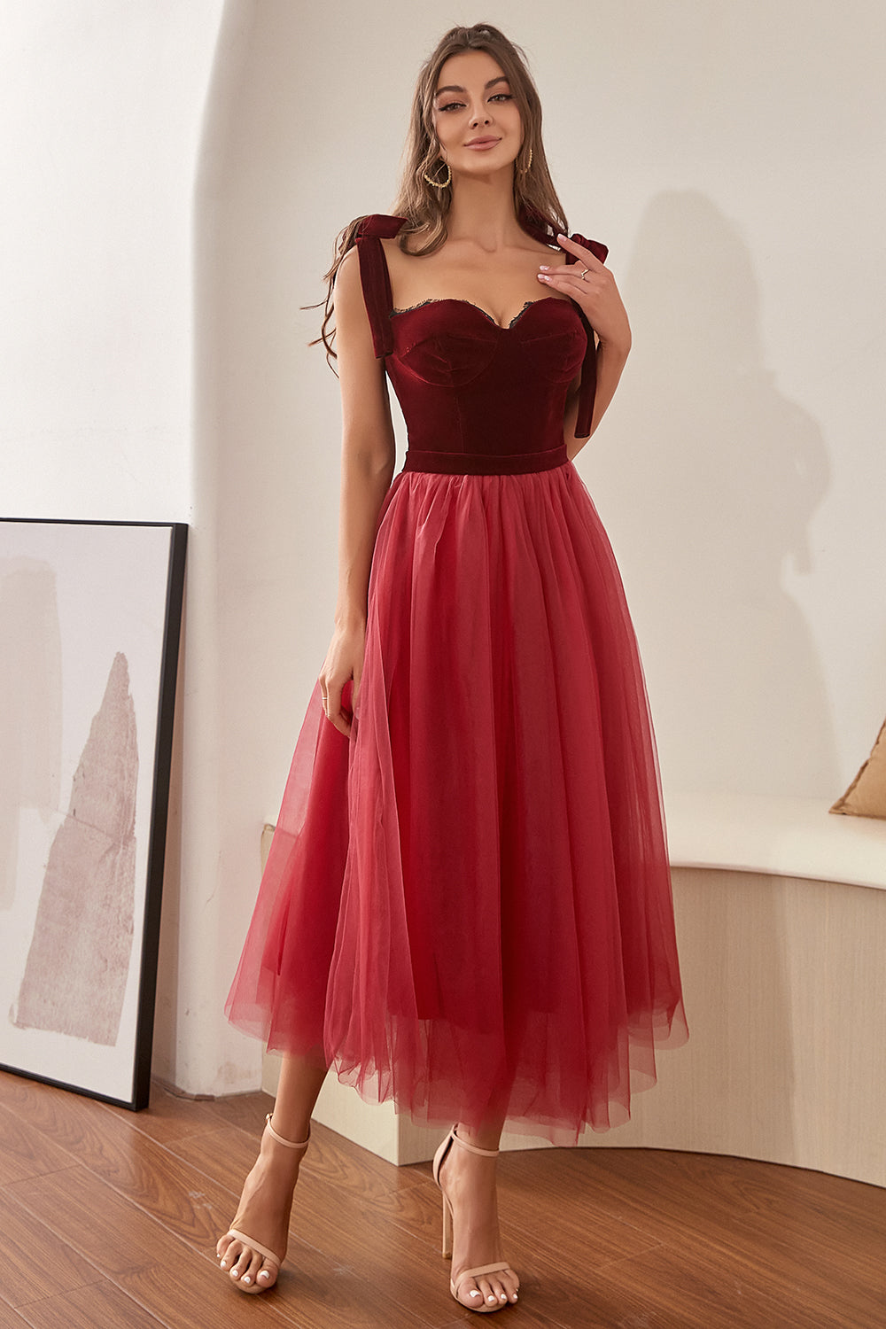 Burgundy Tulle Homecoming Dress with Bowknot