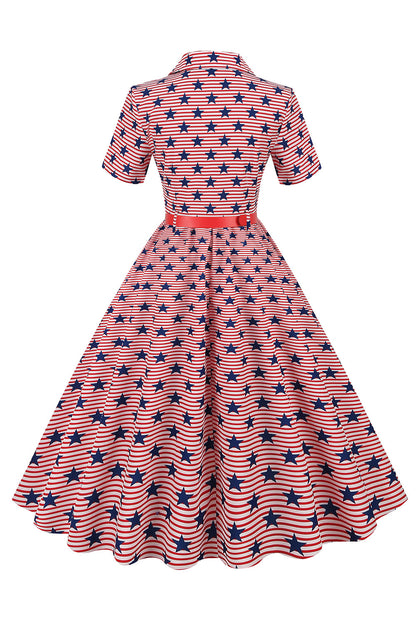 American Flag Stars Print Vintage Dress