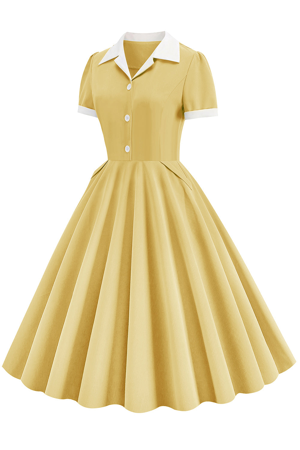 V Neck Yellow Vintage Dress with Button