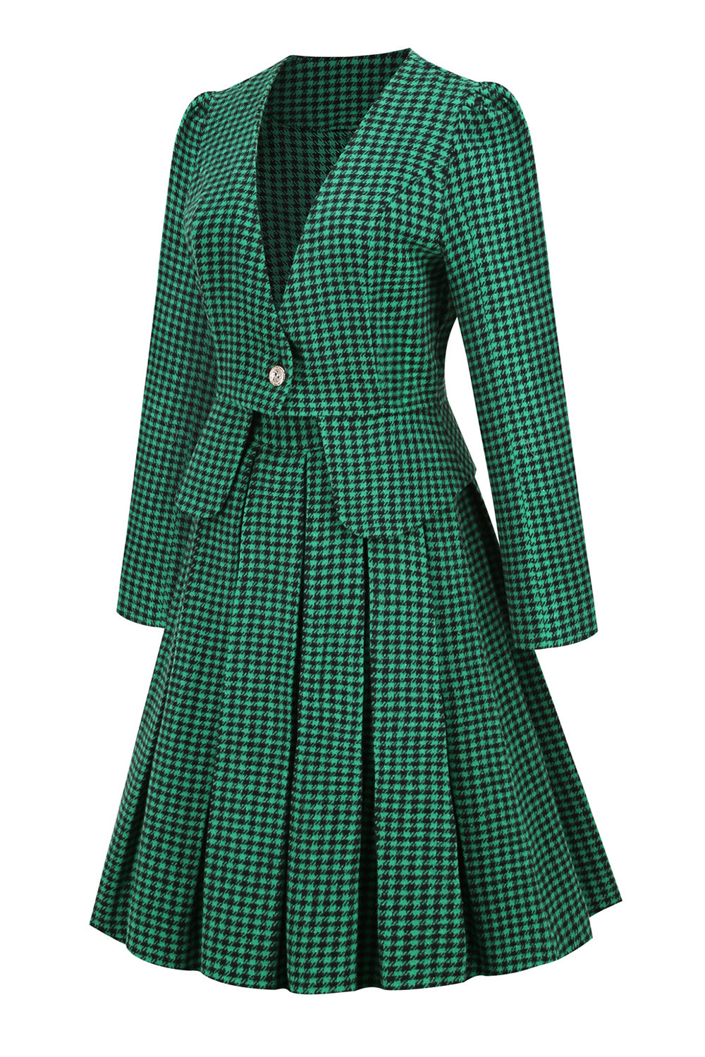 A Line V Neck Green Grid Plaid Vintage Dress