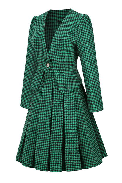 A Line V Neck Green Grid Plaid Vintage Dress