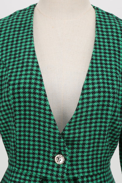 A Line V Neck Green Grid Plaid Vintage Dress