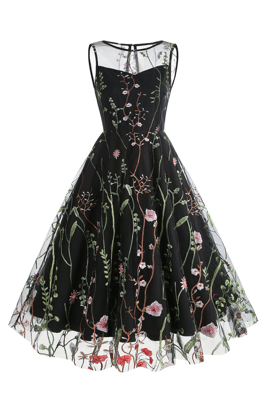 A Line Jewel Black Vintage Dress with Embroidery