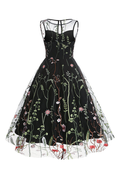 A Line Jewel Black Vintage Dress with Embroidery