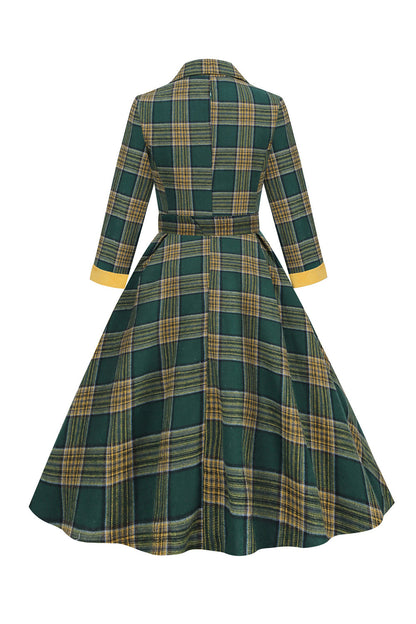 V Neck Green Grid Vintage Dress with 3/4 Sleeves