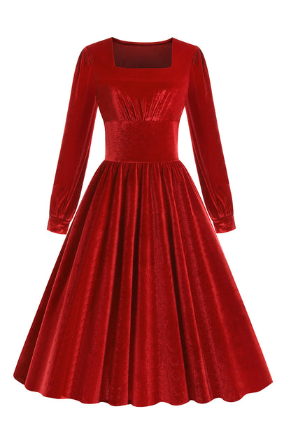 Red Velvet Midi A-line Vintage Dress